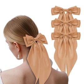3PCS Large Hair Bows for Women Oversized Long Tail Bow Hair Clips Satin Ribbon Bow Hair Barrettes Ponytail Holder Bowknot Vintage Hair Accessories for Girls Teens (Khaki Tisbonsy Hair Bows)