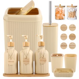 Bathroom Set 17PCS Beige Bathroom Accessories Set Bathroom Sets with Trash Can 3PCS Lotion Soap Dispenser, Toothbrush Holder,6PCS Wood Tags Bathroom Accessories for Kitchen Bathroom