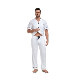 COLORFULLEAF Mens Pyjamas Set 100% Cotton Soft Button Down Nightwear Short Sleeve Top & Long Bottoms Pjs - Gifts for Him(White,S)