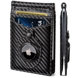 SERMAN BRANDS AirTag Wallet - RFID Blocking Mens Minimalist Money Clip Wallet for Airtag - Full Grain Leather - Slim Bifold. Front Pocket for Air tag Wallets for men. Gift (Carbon Rogue Air)