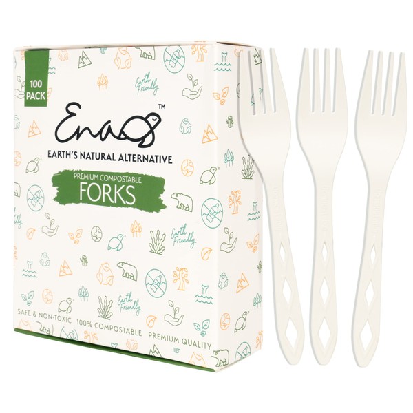100% Compostable Non Plastic Forks [100 Pack] CPLA Disposable Forks. Non Plastic Silverware Set. Eco-Friendly Cutlery, Off White Flatware, Extra Sturdy Utensils, by Earth's Natural Alternative