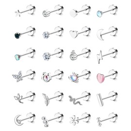 LOLIAS 24Pcs Cartilage Earrings for Women Men 20G Surgical Steel Flat Back Stud Earrings CZ Helix Conch Small Flatback Earrings Hypoallergenic Nap Earrings Silver