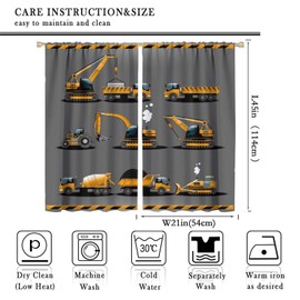 SENRUEGT Construction Car Curtains for Boy Girl Room,Yellow Cartoon Bulldozer Tractor Excavator Bedroom Living Room Home Rod Pocket Thermal Insulated Window Drapes 42x45 Inch, Style