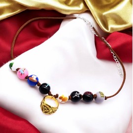 PRINCESS CUTENESS STORE Percy Jackson Annabeth Chase Brown Faux Leather Cord Colorful Painted 8PCS Wooden Bead Demigod Olympian Necklace + Father's College Ring