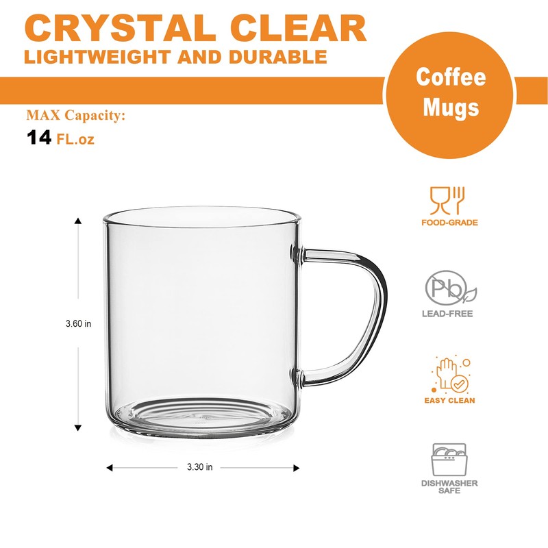 LUXU Glass Coffee Mugs Set of 4,14 oz Clear Coffee