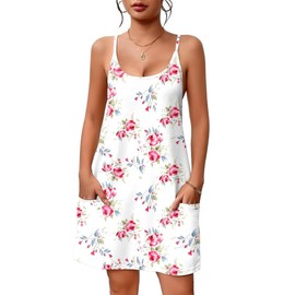 Ekouaer Nightgowns for Women Cotton Sleepwear Adjustable Spaghetti Strap Sleepshirt Racerback Sleep Dress with Pockets Rose Flower XL