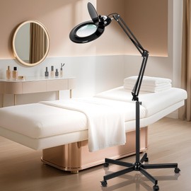 KUVRS 10X Magnifying Glass with Light and Stand, 5 Wheel Rolling Base Magnifying Floor Lamp, 2200 Lumens Warm-Cold Dimming LED Lighted Magnifier, Mag Lamp for Estheticians Craft Knitting Sewing Facial