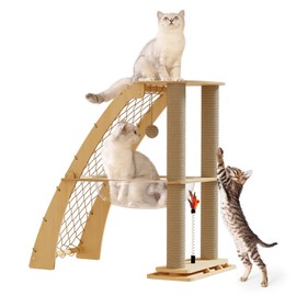 Wood Cat Tree Tower for Indoor Cats with Scratching Posts, Cat Condo, Hammock, and Climbing Web Cat Track Toy with Spinning Balls, 15.7in Full Sisal Scratching Posts(Large)