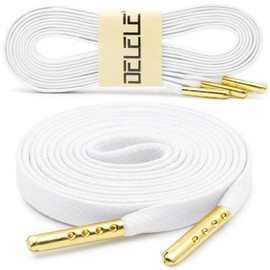 DELELE Flat Waxed Cotton Shoelaces: 55 inch White with Golden Metal Tips Wax Shoe Laces for Sneakers Boot 2 Pair