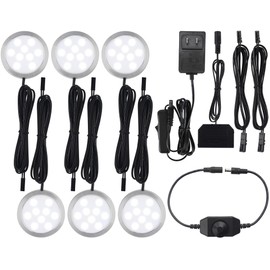 Meigour Cabinet Lights, Easy Mounting Puck Lighting for Hutch Counter Shelf Ambience, Rotary Dimmable Switch, 110Vac Plug in, Black Wires, 6 Lights, Cool White