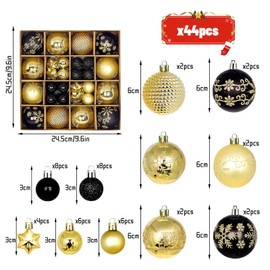 HYran Christmas Baubles, Pack of 44 Christmas Tree Decorations, Plastic Christmas Baubles, Black and Gold, Christmas Tree Baubles, Plastic Christmas Tree Baubles (Black + Gold)