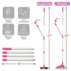 Magic Air Broom with V-Shape Brush, 2 in 1 180° Adjustable Silicone Broom for Floor Cleaning, 60” Long Handle Squeegee Sets to Clean pet Hair, Ketchup, Glass Shards (Pink)