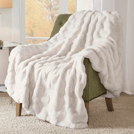Madison Park Luxuriously Cozy Soft Long Faux Fur Throw Basketweave Blanket Reversible Soft & Snuggly Velvet Throw, Lightweight, Breathable Throw Trendy Room Décor Summer Blanket, 50x60, Ivory