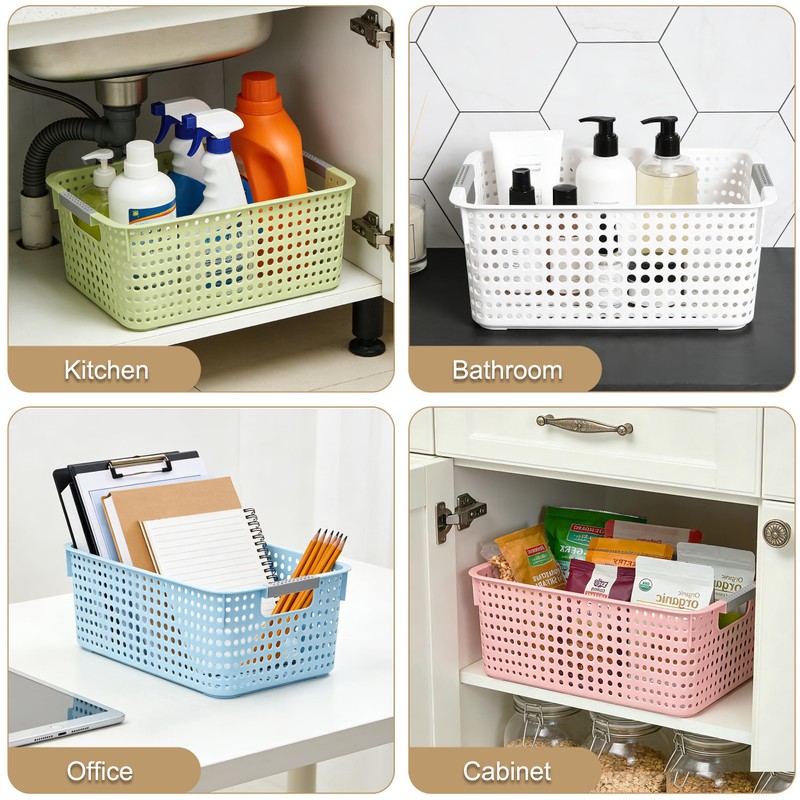 4-Pack Hollow Plastic Storage Baskets with Handles(White, Medium)