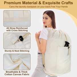 Laundry Bag Backpack, Canvas Laundry bag with Straps & Large Front Pocket Washable Cloth Hamper Bag with Drawstring Closure For College, Travel, Laundromat, Camping (XL, Beige)