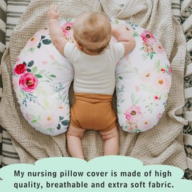 Floral Nursing Pillow Cover, Breastfeeding Pillow Slipcover for Baby Boys & Girls, Nursing Pillow Case for Newborn, Soft Fabric Fits Snug On Infant, Washable & Breathable, Watercolor Flower
