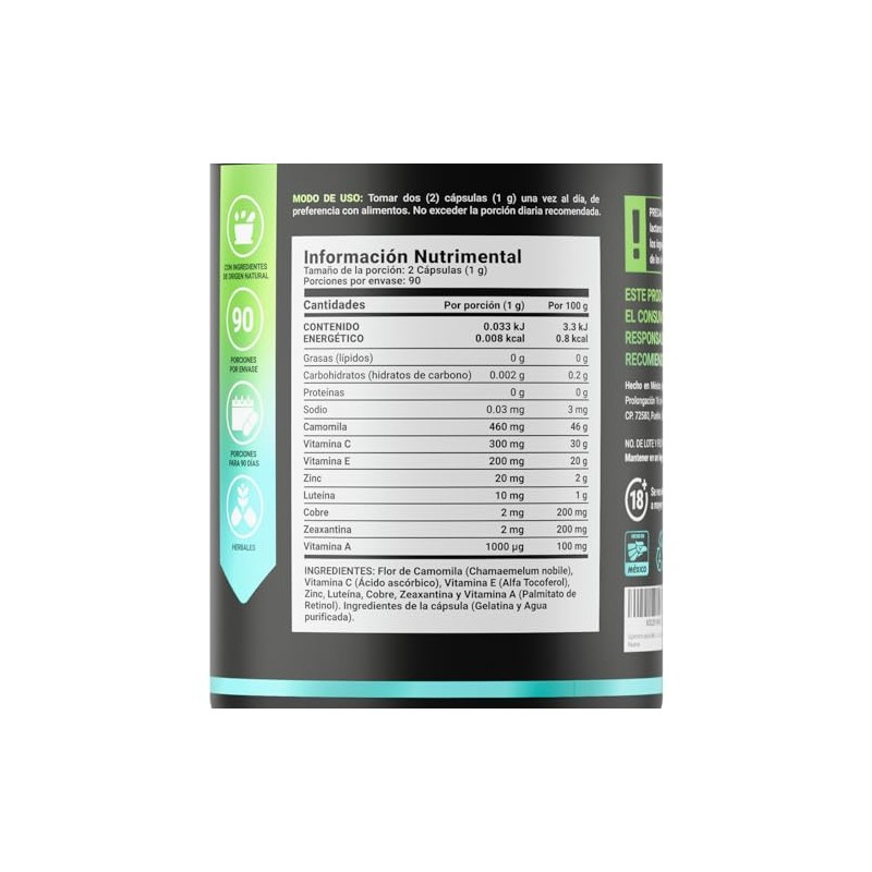 Camomila Luteína Zeaxantina 180 Cápsulas 1000 Por Porción Vitamina Zinc