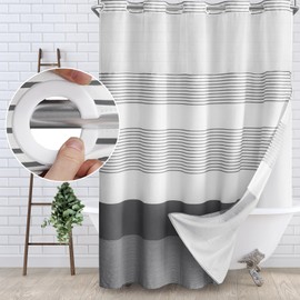 Awellife No Hook Shower Curtain with Snap in Liner Set Cotton and Linen Blend Shower Curtain for Bathroom Boho Dark Grey Striped (No Hook-Dark Grey, 75" L x 78" W)