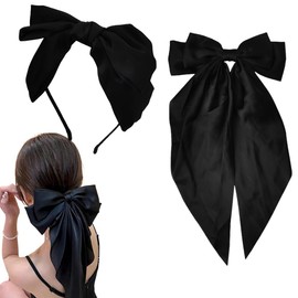 Black Hair Bow Headband for Women Satin Bow Hair Clip Bands French Long Tail Hair Ribbons for Teen Girl Bowknot Hair Pin Elegant Hair Barrettes Accessories for Women Girls Black Hairclip Headband
