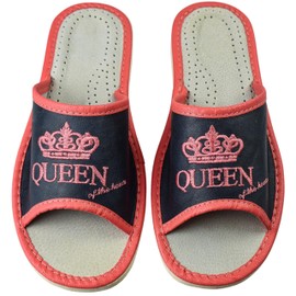 APREGGIO Women's Leather Slippers - Comfort Leather Slippers Women - Handmade with Embroidery - Comfortable Slippers - Women's Slippers Rubber Sole Solid, blue red