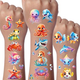 Ocean Glitter Tattoo for Kids, 12 Sheets Temporary Tattoos for Kids, Gifts for Girls Boys, Ocean Party Decorations, Party Bags Fillers Gifts