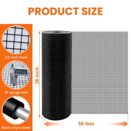 Black Hardware Cloth 1/2 inch 36 x 50 ft 19 Gauge - Vinyl Coated Wire Mesh Roll Chicken Wire Fencing, Chicken Wire Mesh, Wire Fence Rolls for Home and Garden Projec