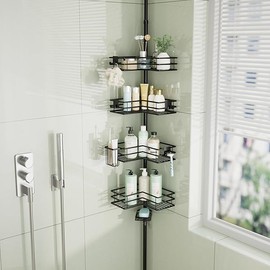 HapiRm Corner Shower Caddy Organizer - Shower Organizer Corner with Soap Holder, Toothbrush Holder and 4 Hooks, Rustproof Bathroom Shelf Tension Pole Available for 27.6 to 108.3 Inch - Black