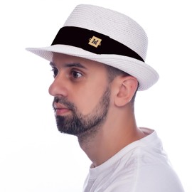 HEYANN White Trilby Hat Fedora Hat for Men Straw Trilby Hat, XL 61 cm Panama Hat for Men Trilby Hat for Men Floppy Unisex Straw Sunhat Beach Hat for Men Women (White-XL)