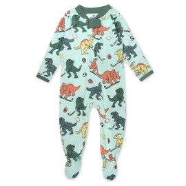 HonestBaby Sleep and Play Footed Pajamas One-piece Sleeper Jumpsuit Zip-front Pjs Organic Cotton for Baby Girls, Unisex, Dino Mite Athlete Eggs, 6-9 Months