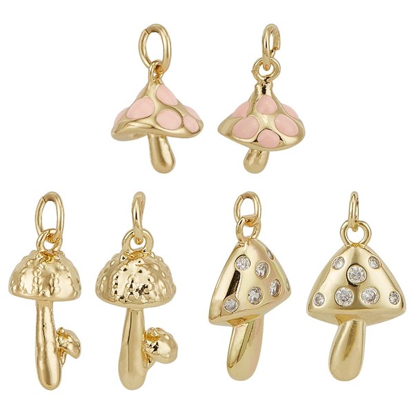 GOMAKERER 12Pcs 3 Styles Brass Mushroom Charms, Real 18k Gold