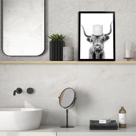 Foduuo Funny Highland Cow Wall Art, Black and White Cow Picture, Waterproof Canvas Framed Humor Animals Bathroom Artwork Wall Decor High-end Pictures for Bedroom Kids Room, Bathroom Decor 8x10in