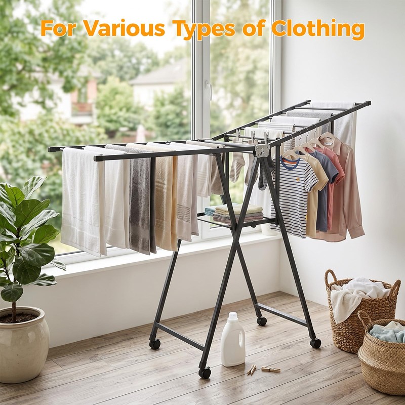 AssHMKIT Clothes Rack, 2-Tier Drying Hanger, for 20 Pieces+, Foldable