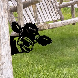 XHSP Peeping Cow Metal Art, Farm Peeping Cow Iron Cattle Wall Decor, Metal Art Garden Fence Decoration- Silhouette Hollow Out Animal Shape Decor for Dad Grandpa Gift (Cow)