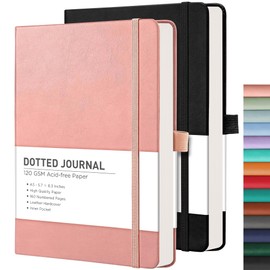 RETTACY Bullet Dotted Journal Notebook, 2-Pack, 160 Numbered Pages per Pack, A5 Medium Size (5.7'' x 8.3''), 120 GSM Thick Paper, Leather Hardcover, for Bullet Journaling (Black & Pink)
