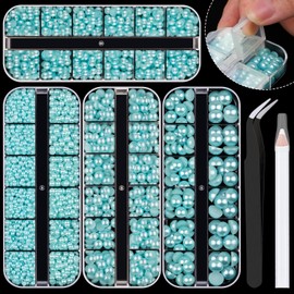 4 Boxes Flat Back Pearls Kit 7 Flatback Light Blue Half Round Pearls 3-10mm with Pickup Pencil and Tweezer for Home DIY and Professional Nail Art, Face Makeup and Craft