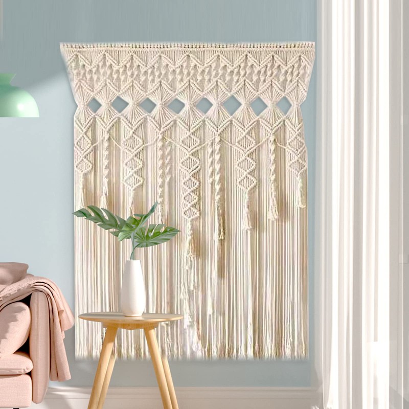 DDBESSIC Boho Macrame Curtains, 71x35inch Beige Hand Woven Window Curtain