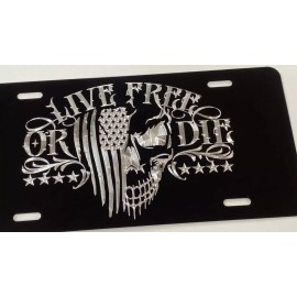 Diamond Etched Products US Flag LIVE FREE OR DIE Skull Patriotic Car Tag Diamond Etched License Plate