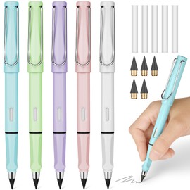Ainiv Inkless Pencil with Eraser, 5 Sets Infinity Pencil Everlasting Pencil, Reusable Infinite Pencil with Extra 5 Eraser & 5 Replaceable Nibs, Endless Pencil for Home Office School Writing Drawing