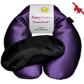 Happy Wraps Microwavable Herbal Neck Wrap - Hot Cold Aromatherapy Neck Warming Pillow - Heating Pad for Migraines, Stress, Gifts for Women, Birthdays, Christmas and Free Sleep Mask - Amethyst Satin