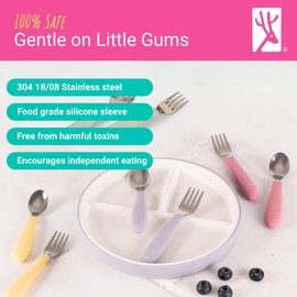 Elk and Friends Kids Silverware with Silicone Handle | Childrens Safe Flatware | Toddler Utensils | Baby Spoons + Forks | Stainless Steel Cutlery