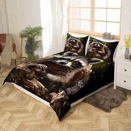 Raccoon Duvet Cover Cute Animal Theme Bedding Set Owl Pattern Comforter Cover for Boys Girls Kids Room Decor Wildlife Style Bedspread Cover Nature Full Size with 2 Pillow Case