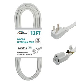 HONDERSON Flat Plug Extension Cord, UL Listed, Indoor Extension Cord 16 Gauge 12FT White, 16/3 SPT-3 13A 3 Prong Grounded Power Cord for Home, Office