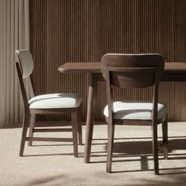 COLAMY Solid Wood Dining Chairs Set of 2, Mid Century Modern Upholstered Kitchen Chairs with 3.3" Thick Cushion, Farmhouse Dining Room Chairs with Level Legs & Wire-Brushed Finish, Brown