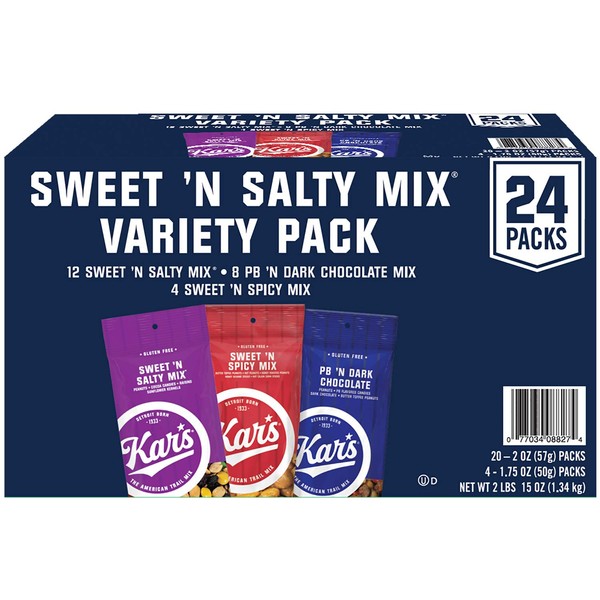 Kar’s Nuts Sweet ‘N Salty Trail Mix Variety Pack, Pack of 24 – Sweet ‘N Salty, Sweet ‘N Spicy, Peanut Butter ‘N Dark Chocolate – Individually Wrapped, Gluten-Free Snack Mix