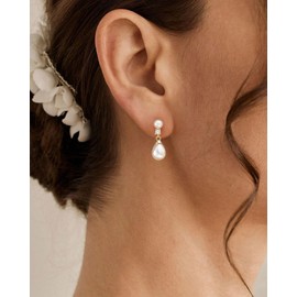 PRTGL Pearl Earrings - 14K Gold Plated Pearl Drop Wedding Earrings for Bridal Bridesmaid Women