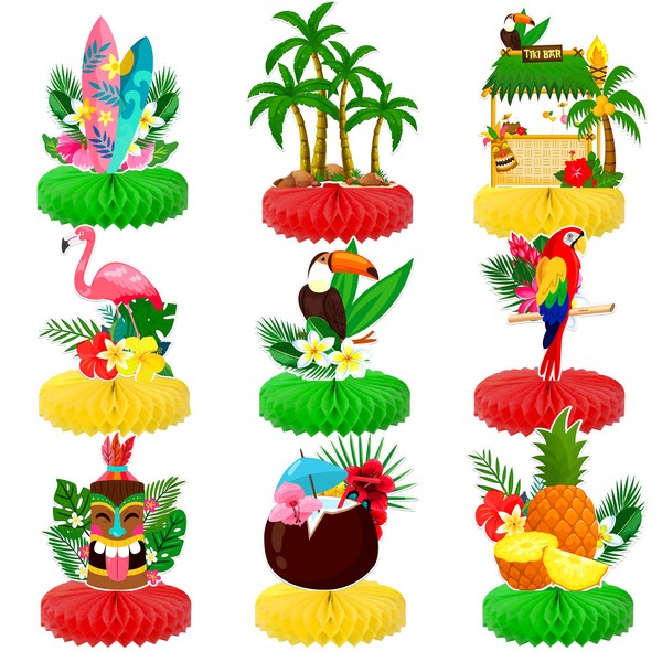 Tropical Hawaiian Honeycomb Centerpieces - Pack of 9 | Hawaiian Table Decorations | Hawaiian Centerpieces for Tables, Aloha Decorations | Luau Birthday Party, Wedding | Tiki Themed Party Decorations
