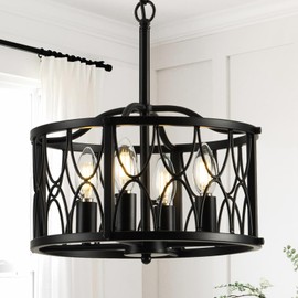 Corlaceling Farmhouse Chandelier, 4-Light Black Dining Room Light Fixtures Industrial Drum Hanging Pendant Lighting for Kitchen Island Entryway Foyer Bedroom Hallway