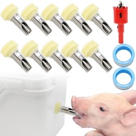Terixe 10-Pack Pig Waterer Nipples with Water Tank Connectors - 1/2in Copper Head Stainless Steel Hog Waterer Kit for Barrel, Feeder & Poultry Watering Systems