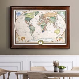 Renditions Gallery Colorful World Map Canvas Wall Art with Walnut Frame Wall Hanging Travel Map with Push Pins for Home, Office, Classroom