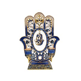 Nouvelle Collections Blue Hamsa/Hamesh Hand Shabbat Candle Holder Embellished with Genuine Crystals